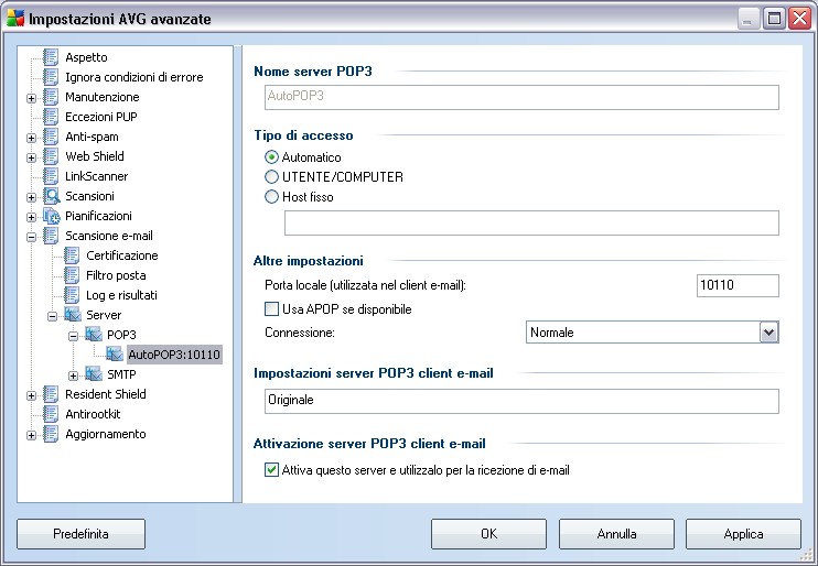 Questa finestra di dialogo (che si apre da Server / POP3) consente di impostare un nuovo server di Scansione E-mail utilizzando il protocollo POP3 per la posta in entrata: Nome server POP3: inserire