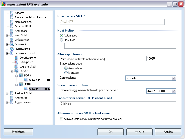 Questa finestra di dialogo (che si apre da Server / SMTP) consente di impostare un nuovo server Scansione E-mail utilizzando il protocollo SMTP per la posta in uscita: Nome server SMTP: digitare il