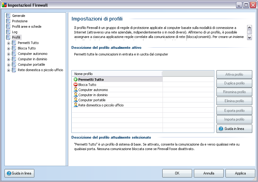13.5.Profili Nella finestra di dialogo Impostazioni di profili è possibile trovare un elenco di tutti i profili disponibili.