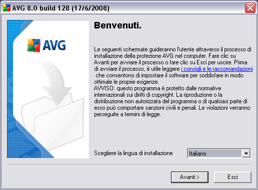 5. Processo di installazione di AVG Per installare AVG nel computer, è necessario disporre del file di installazione più recente.