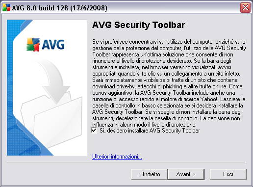 5.8. AVG Security Toolbar La finestra di dialogo AVG Security Toolbar consente di decidere se installare AVG Security Toolbar.