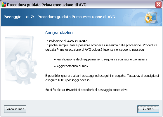 6. Procedura guidata Prima esecuzione di AVG Quando si installa per la prima volta AVG nel computer, viene visualizzata la finestra popup Configurazione guidata di base di AVG per aiutare l'utente