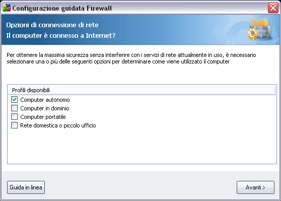 7. Configurazione guidata del firewall La Configurazione guidata del firewall viene avviata automaticamente subito dopo l'installazione di AVG 8.5 Internet Security.