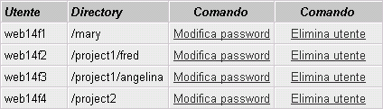 6.7.2 Modifica password Per modificare la password di un utente FTP, cliccare nell elenco degli utenti FTP sul link Modifica password. 6.7.3 Eliminazione utenti FTP Cliccando su Elimina utente nell elenco degli utenti FTP viene rimosso l accesso FTP corrispondente.