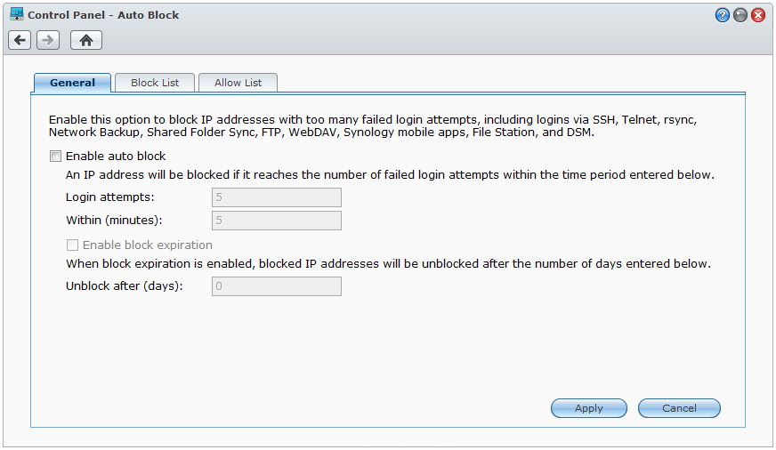 Guida dell utente di Synology NAS Blocco automatico dei tentativi di connessione sospetti Il blocco automatico ti consente di evitare accessi non autorizzati.