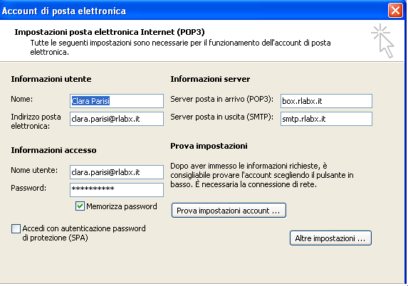 Configurazione dell account Il nome dei server per l invio (smtp) e la ricezione (pop, imap) dei messaggi di posta vengono forniti dal provider del servizio. C.