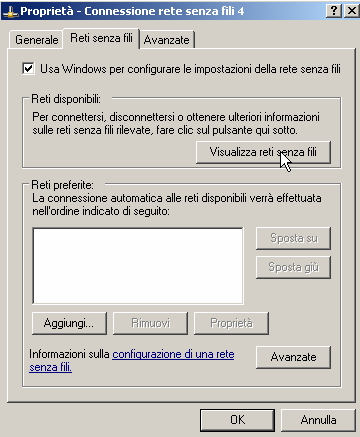 f) Selezionare il menù Reti senza fili g) Nel caso in cui il rettangolo Reti preferite sia vuoto, saltare al punto 6-h, altrimenti selezionare una ad una le reti presenti e