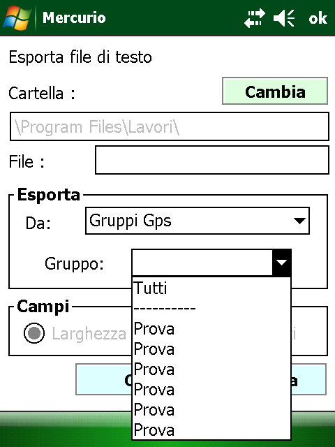 Nel caso si scelga di esportare un file di testo, si deve selezionare Gruppi GPS nella tendina Esporta da In seguito vanno selezionati i