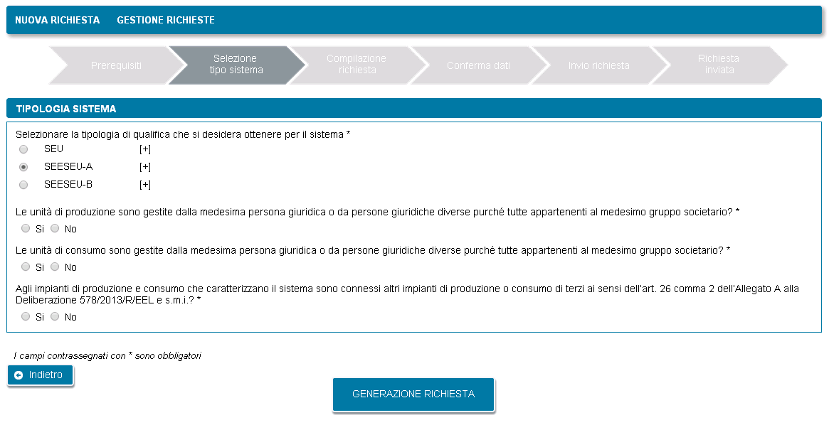 La successiva maschera consente di specificare il tipo di configurazione SEU/SEESEU richiesta e di rispondere a domande pertinenti la tipologia di configurazione richiesta: Posizionando il cursore