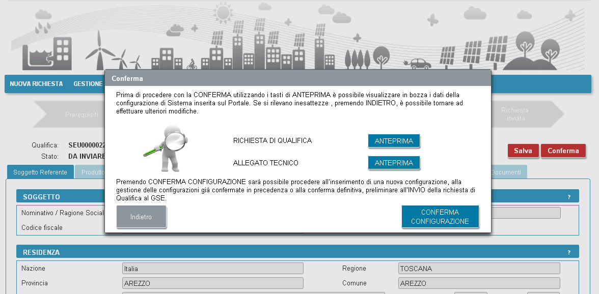 Da questa maschera è possibile sia ritornare alle schede di compilazione se si sono rilevate inesattezze nell anteprima degli Allegati, sia procedere con la compilazione premendo il pulsante CONFERMA