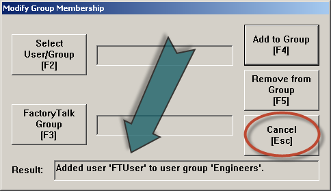 10. Selezionare FTUser e premere Select [Enter]. 11. Con FTUser selezionato, clic su FactoryTalk Group [F3]. 12.