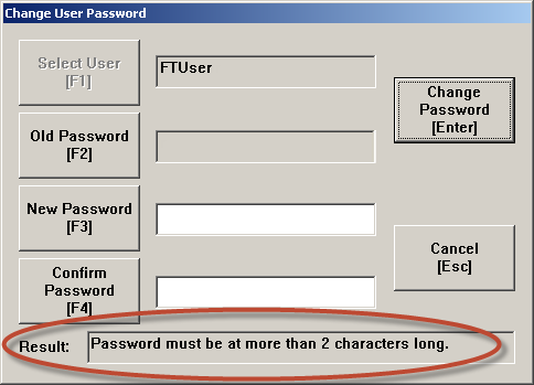 3. Selezionare FTUser dalla lista utenti e cliccare Select [Enter]. 4. Lasciare I 2 campi password vuoti e fare clic sul pulsante Change Password [Enter]. 5. Da notare il campo Result sotto.