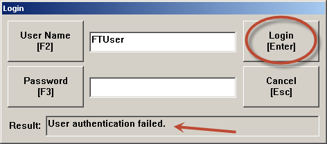 1. Fare Clic sul pulsante Login nuovamente. 2. Inserire FTUser nel campo User Name, lasciare il campo Password vuoto e fare clic su Login [Enter].