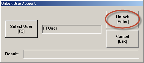 Ora sbloccheremo (Unlock) l utente FTUser appena bloccato. 5. Premere Unlock. 6. Premere il pulsante Select User [F2]. 7. Selezionare FTUser e poi fare clic su Select [Enter]. 8.