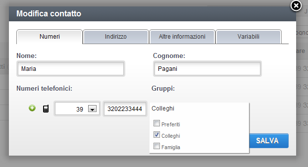 Ti si aprirà la schermata di cui sotto dove potrai togliere l associazione del numero di telefono del contatto al gruppo: 1 Vai su Contatti 2