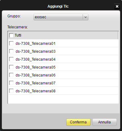 Figura 6.5 Aggiunta telecamere 3. Impostare la Registrazione su fascia oraria: cliccare su Schedule nella parte sinistra per visualizzare la schermata con la tabella oraria. Figura 6.