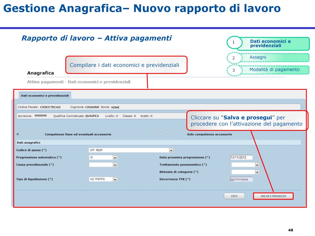 La scheda "Attiva pagamenti - Dati economici e previdenziali" mostra, in sola lettura, i dati relativi a Codice fiscale, nome e cognome della persona e i dati relativi alla qualifica contrattuale, al