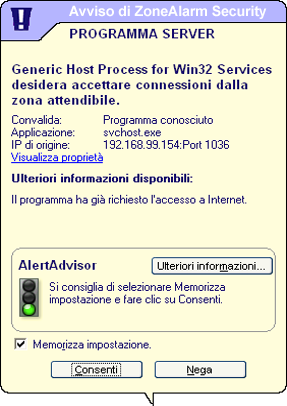 Capitolo 9: Avvisi e log Informazioni sugli avvisi del software di sicurezza Zone Labs Nome del programma che richiede l'autorizzazione.