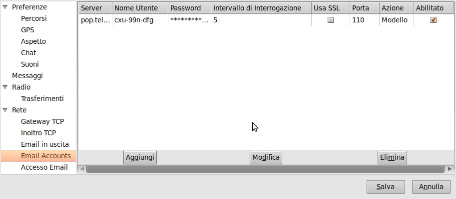 Utenze di posta (Email in arrivo) Le opzioni sono: Server: Indirizzo del server POP remoto a cui inviare i messaggi di posta elettronica (es: mail.google.com).