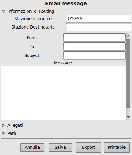 Per inviare il messaggio di posta elettronica attraverso un Gateway D-RATS di posta elettronica, indicare nel campo Stazione Destinataria il nominativo della stazione Gateway (server).