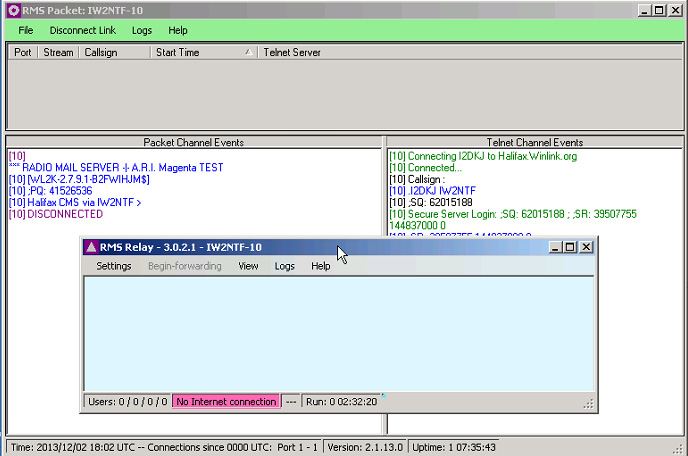 Ecco quando RMS Packet è senza connessione internet, vedi colore barra rosso. Ecco la schermata di RMS PACKET, con sovrapposto RMS RELAY, operativo: barra verde.