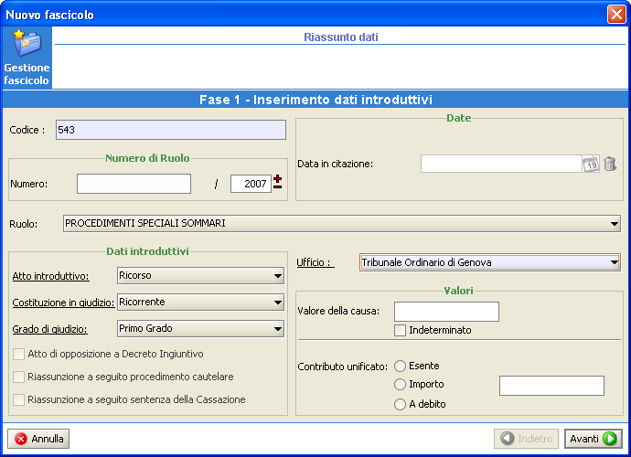 Pag. 32 Fase 3 Inserimento parti e avvocati; Fase 4 Inserimento altri dati; Fase 5 Dati specifici al Ruolo. 7.1. FASE 1 INSERIMENTO DATI INTRODUTTIVI Nella prima fase rappresentata nella Fig.