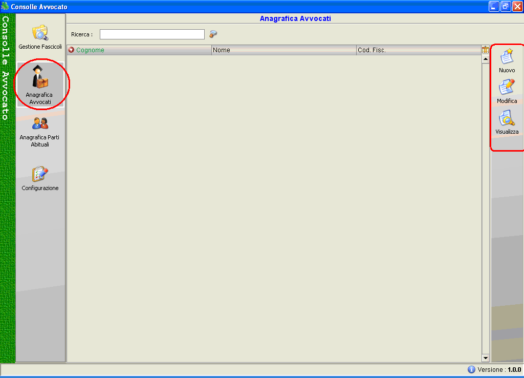Pag. 77 14 ANAGRAFICA AVVOCATI La macrofunzione relativa alla gestione dell anagrafica avvocati è attivata dal pulsante della barra di navigazione principale Fig.
