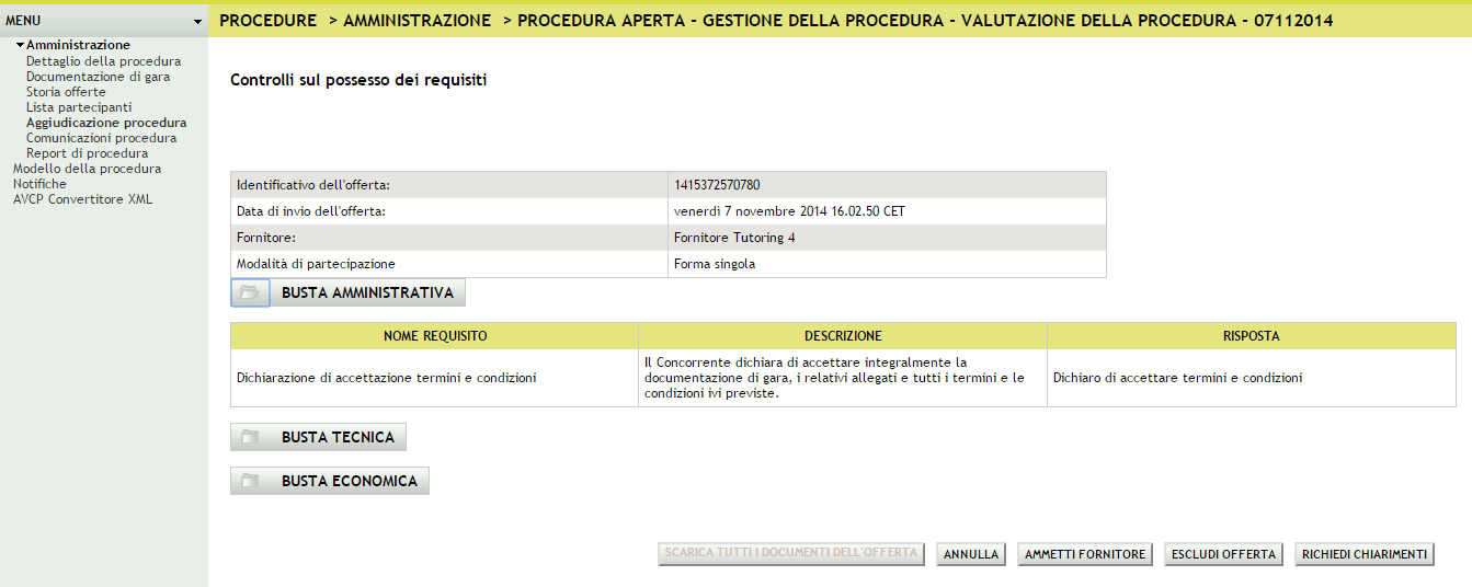 Figura 38 Per i soli concorrenti sorteggiati, nella colonna Dettaglio sarà presente il link Effettua controllo sul possesso dei requisiti tramite il quale è possibile accedere al dettaglio dell