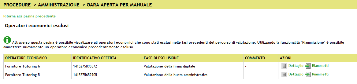 Per tornare alla pagina di valutazione cliccare su Ritorna alla pagina precedente (v. Figura 60). 7.3 Riammissione Operatori Economici Esclusi N.B.