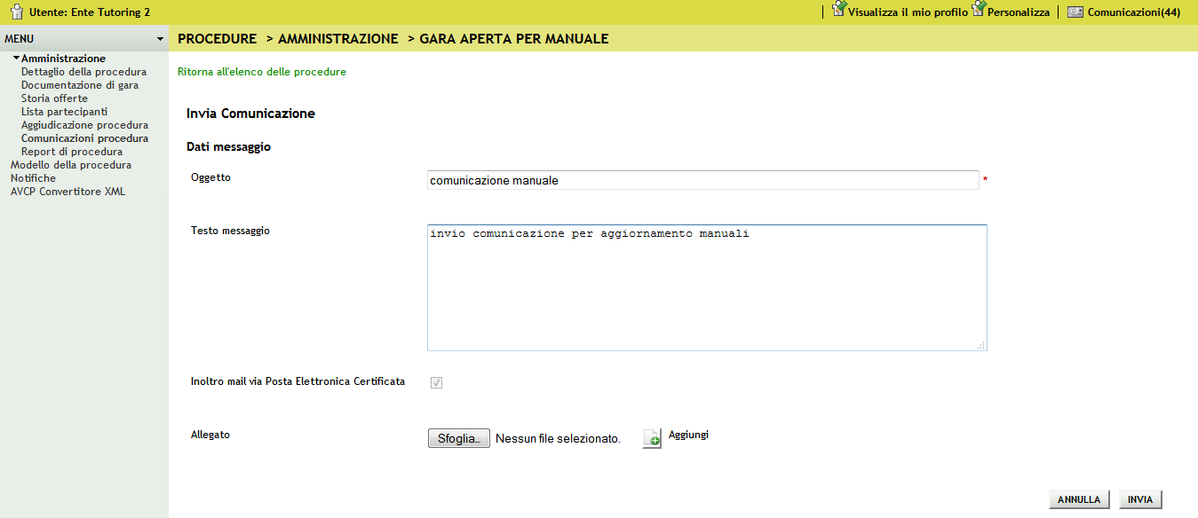 3.1 Gestione delle comunicazioni ricevute Selezionando la voce di menù Comunicazioni di procedura si accede d default alla sezione relativa alla gestione delle comunicazioni ricevute (v.