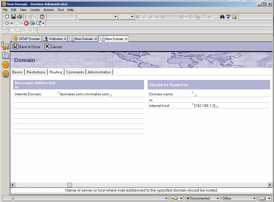 Schermata 8: Configurazione delle impostazioni del routing 7. Nella sezione Should be Routed to impostare Internet host sull indirizzo IP (racchiuso tra [ ] ) o sul nome del server GFI FaxMaker. 8. Salvare e chiudere la voce Foreign SMTP Domain.