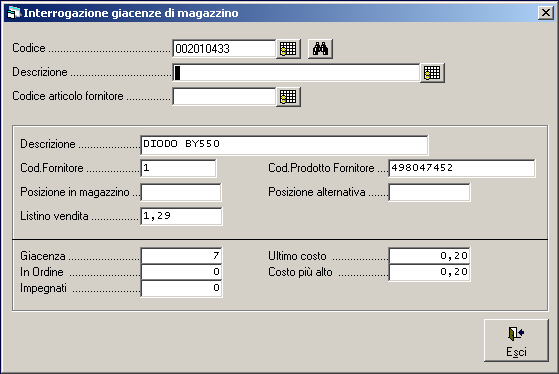 Interrogazione giacenze L interrogazione giacenze consente di avere un riepilogo della situazione di un certo articolo.