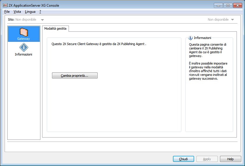 Configurazione manuale di 2X SecureClientGateway Gestione di 2X Secure Client Gateway Introduzione Per accedere alle opzioni di un gateway, evidenziare il gateway nel nodo Gateway e fare clic su