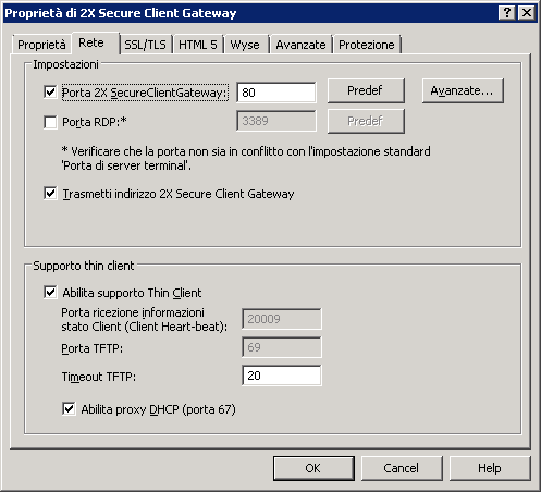 Configurazione delle porte del gateway e del supporto thin client Porta RDP La porta TCP 3389 si usa con 2X Load Balancer per client che richiedono sessioni di desktop con bilanciamento del carico
