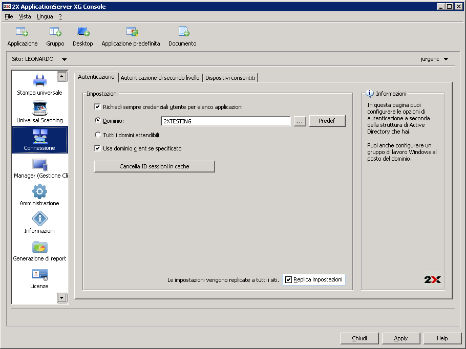 Impostazioni di connessione e autenticazione Impostazioni di connessione di 2X Publishing Agent Alle impostazioni di connessione di 2X Publishing Agent si può accedere dalla categoria Connessione