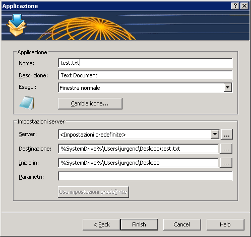 Configurazione del documento che va pubblicato da un server terminal Nota: Usare il menu a discesa Server per indicare impostazioni diverse del documento per un server specifico, nel caso in cui il