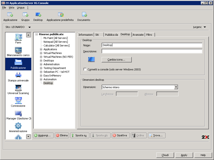 Configurazione della risoluzione del desktop Configurazione di opzioni di collegamento per un desktop pubblicato Fare clic sulla scheda Avanzate nelle impostazioni dell'applicazione e selezionare