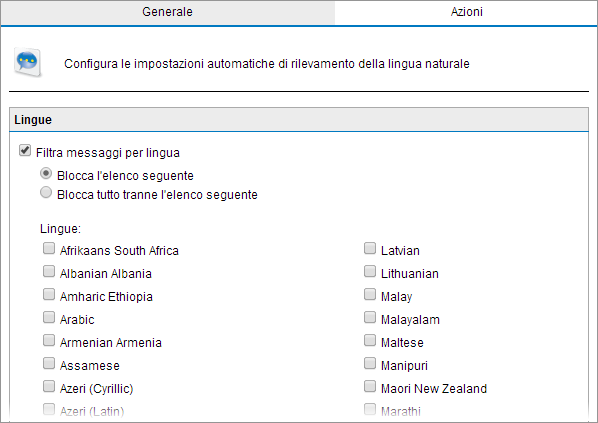 Configurazione rilevamento lingua 1. Accedere a Antispam > Filtri antispam > Rilevamento lingua. Schermata 75: Opzioni di Rilevamento lingua 2.