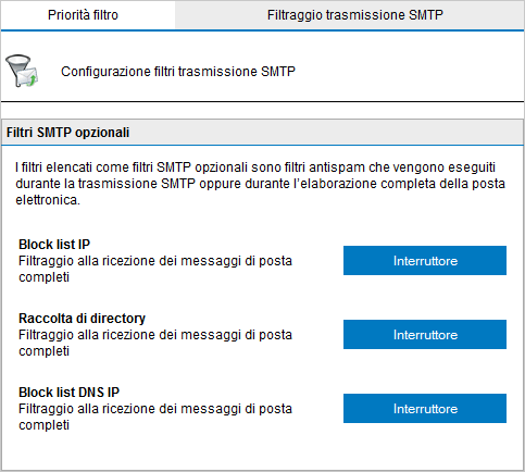 Il filtro a livello SMTP interrompe la connessione della posta e dunque arresta il download dell intero messaggio, risparmiando la larghezza di banda e le risorse di elaborazione.