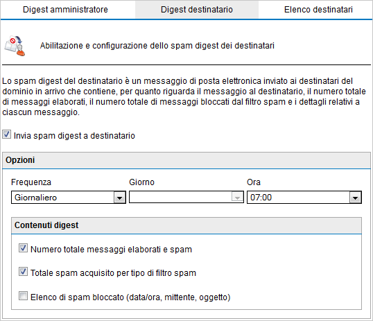 Schermata 88: spam digest destinatario 2. Dalla scheda Digest destinatario, fare clic su Invia spam digest a destinatario per abilitare lo spam digest. 3.