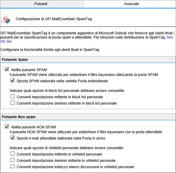 2. Dall area pulsante Spam, configurare le funzioni relative a falsi negativi, ovvero quei casi in cui i messaggi di spam non vengono rilevati come tali: Opzione Abilita pulsante SPAM Sposta SPAM