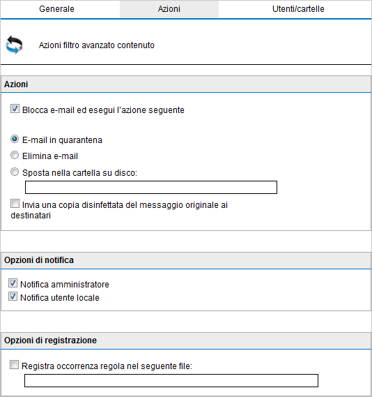 Opzione Controlla messaggi di posta in arrivo Controlla messaggi di posta in uscita Controlla e-mail interne Descrizione Selezionare l opzione per scansionare i messaggi in entrata.