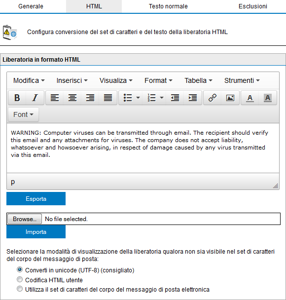 Schermata 123: Liberatoria in formato HTML 4. Dalla scheda HTML, utilizzare l editor HTML per creare una liberatoria personalizzata in formato HTML.