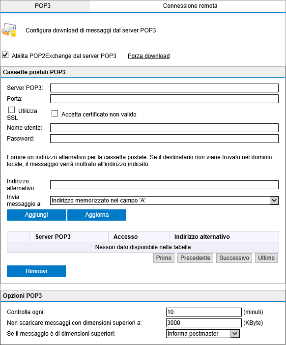 Schermata 141: downloader POP3 di GFI MailEssentials 2. Dalla scheda POP3, per abilitare il downloader POP3, selezionare Abilita POP2Exchange dal server POP3. 3.