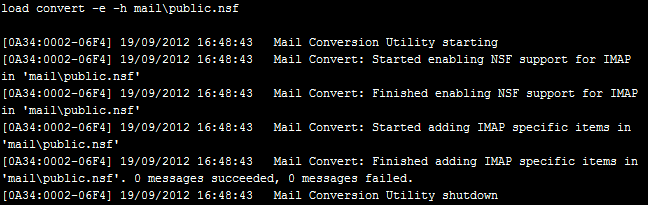 Schermata 6: Creazione di un nuovo database 2. Convertire il database utilizzando la console del server e digitando: load convert -e -h mail\public.