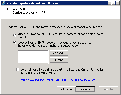 Schermata 17: impostazioni server SMTP 5. Nella finestra di dialogo Server SMTP, specificare in che modo il server riceve la posta esterna.