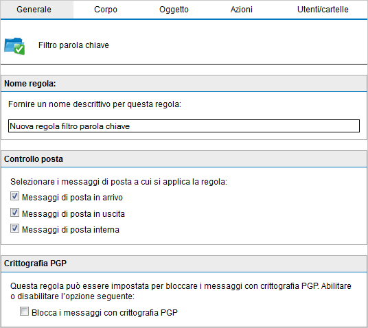 Passaggio 1: creazione di una regola di filtro dei contenuti 1. Avviare la console di GFI MailEssentials. Selezionare GFI MailEssentials > Filtro contenuti > nodo Filtro parola chiave. 3.