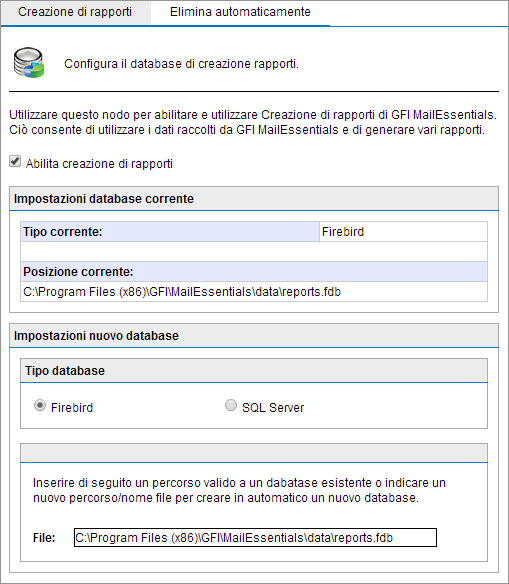 Configurazione di un database back-end Firebird Schermata 34: Configurazione di un database back-end Firebird 1. Selezionare Creazione di rapporti > Impostazioni. 2. Selezionare Firebird. 3. Immettere il percorso completo, incluso il nome del file (e l estensione.