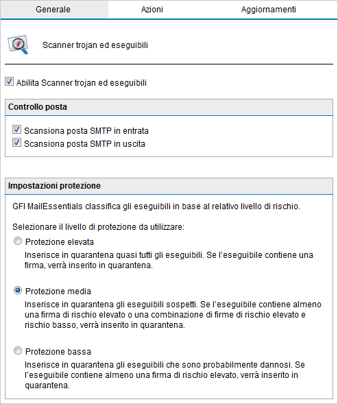 Schermata 54: scanner trojan ed eseguibili: scheda Generale 2. Per attivare il filtro, selezionare Abilita Scanner trojan ed eseguibili. 3.