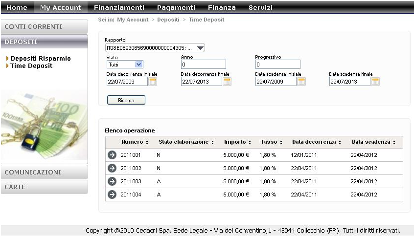 2.3.2 Come consultare le operazioni Time Deposit Dall area Depositi, cliccando con il mouse sulla voce di menù Time Deposit, l interfaccia mostra l elenco operazioni del rapporto di default: I filtri